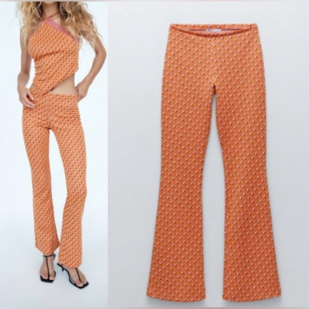 Zara Womens Orange & Pink Geometric High Rise Flared Jacquard Legging Pants Med